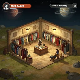 inside a clothing store, in a small remote outpost, on a remote planet, from a point and click 2 d graphic adventure game, set design inspired slightly by tomb raider, art inspired by [ [ thomas kinkade ] ] and [ mark keathley ]