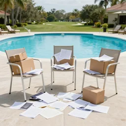 scattered papers and cardboard boxes on chairs by the the pool at a florida country club, ap, news photo