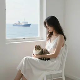 a woman in a white dress sitting on chair and a cat on her lap in a white room in vanice, there is a window to a ship on the sea.