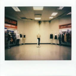 polaroid photograph of the inside of an empty blockbuster store, liminal space, lonely, mannequins, black mold, cinematic, 3 5 mm, raw, 4 k, hd