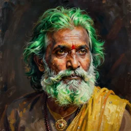 a painting of an old indian man with a beard colored in green