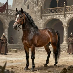 horse standing in medieval court, medieval fantasy, d & d, legend of the cryptids, highly detailed, digital painting, artstation, concept art, sharp focus, illustration, aleksi briclot, rutkowski