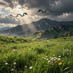 A land full of grass and flower with mountains in the back with flying dragon in the sky in the style of Hokusai