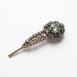 polished hair pin with gems, studio product photography, isolated on a pure white background, centered, entire object in frame, sharp focus, soft studio lighting