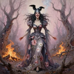 full body shot, malevolent witch facing front laughing maniacally, smoke hair, crow helmet, floral dress, dead forest on fire, fantasy, intricate, photorealistic, elegant, stylish, highly detailed, smooth, sharp focus, oil painting by barry windsor - smith and magali villeneuve, pastel colors