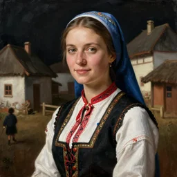 portrait of a woman from a village in romania in traditional costume. painting by jan van eyck, georges de la tour
