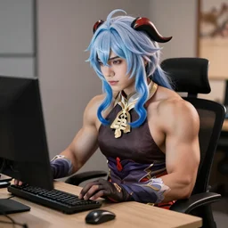 a 30 year old muscular man cosplaying as ganyu from genshin, sitting at a computer, hyper realistic photorealistic
