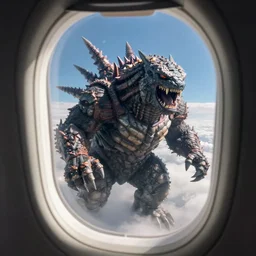 photo from airplane window of giant titan monster, ultra detailed, 4 k