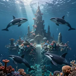 civilization underwater created by orcas, submerged city made with coral and rock by killer whales, epic fantasy scifi awe inspiring