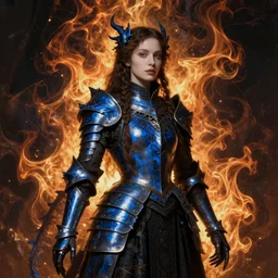 Gothic princess in dark and blue dragon armor. By (Rembrandt painting(fractal flame)), highly detailded