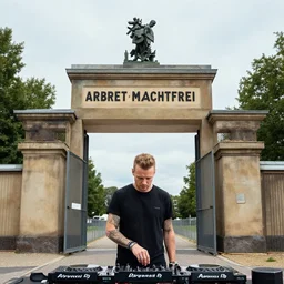 dj avicii tomorrowland in front of auschwitz gate arbreit macht frei concentration field