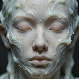 psychedelic melting wax face, close up shot, diffuse lighting, intricate, elegant, highly detailed portrait, lifelike, photorealistic, digital painting, smooth, sharp focus