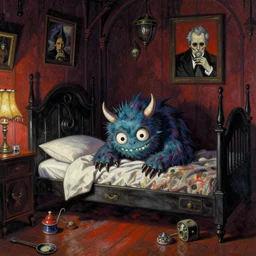early color photo of a little monster  hiding  under the bed in an old soviet room by  Ayami Kojima, Amano, Karol Bak, Greg Hildebrandt, and Mark Brooks, Neo-Gothic, gothic, rich deep colors. Beksinski painting, part by Adrian Ghenie and Gerhard Richter. art by Takato Yamamoto. masterpiece. ultra details, high quality, high resolution .