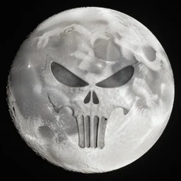 wide angle view of the moon with boot prints that kook like the punisher symbol embossed