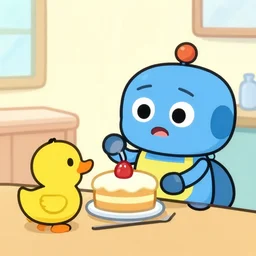 short cartoon strip, blue robot bakes a cake for yellow duck,