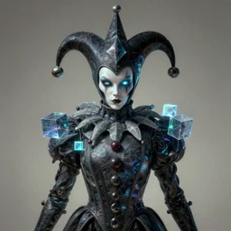 front shot of a court jester character, hyperdimensional, bioluminescent hypercubes, dark holography!!!, (((intricate))), elegant, highly detailed, centered, (((artstation, concept art, smooth, sharp focus, artgerm, Tomasz Alen Kopera, Peter Mohrbacher, donato giancola, Joseph Christian Leyendecker, WLOP, Boris Vallejo))), mugshot!!!!!, ugly!!!!!!, octane render, nvidia raytracing demo, grainy, muted, 8K, digitalblasphemy
