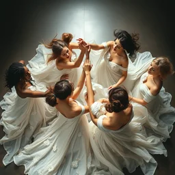 top angle view, wide lens of multiple interracial females draped in rotten white flowery dress, dance fighting with each other, beautiful concept painting by caravaggio, ruan jia, jakub rebelka, artgerm, greg rutkowski, edgar maxence