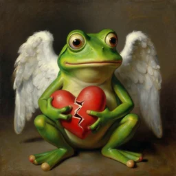 pepe the frog as an angel. He is holding a broken heart and looking dejected, oil painting by Rembrandt
