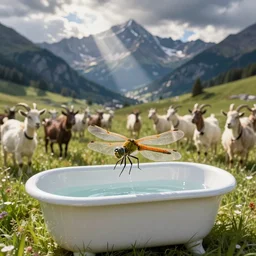 dragonfly in a bathtub in the alps, herd of goats!!!! in background