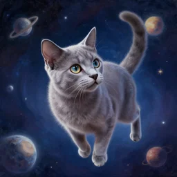 a beautiful painting of a beatiful cute Russian blue cat floating in outer space, fantasy, digital art, volumetric lighting, trending on artstation