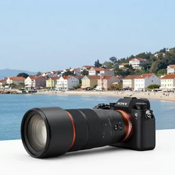 a peaceful town by the seaside, 1 0 0 mm telephoto lens, sony a 7 siii