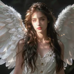 beautiful female angel, Iranian, asymmetrical face, ethereal volumetric light, sharp focus