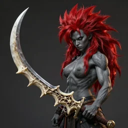 realistic art style, warrior girl, muscular girl, wild spiky red saiyan hair, long spiky hair, electrified hair, holding scimitar made of bone, scimitar, sword, jagged sword, curved sword, orkish sword, colorized, gray skin, hyper - detailed, primeval fantasy, prehistoric fantasy, art by jacques - louis david