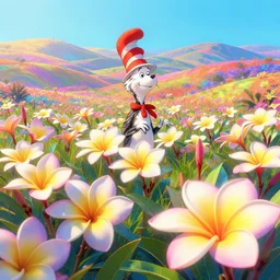 digital illustration of a field of giant vibrant frangipani flowers by dr. seuss, reimagined by ilm and beeple : 1 | megaflora, spectral color, electric color, rolling hills : 0. 9 | fantasy : 0. 9 | unreal engine, deviantart, artstation, hd, 8 k resolution : 0. 8