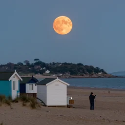 there was a lovely orange super moon over the beach huts and the isle of wight, photo take by an amateur photographer