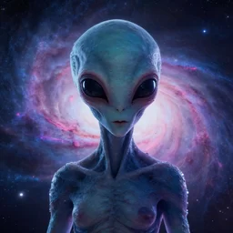 portrait from a bird like alien, synthwave, universe background, nebula, galaxy, artstation