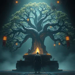 a warrior behind a dj booth with a bodhi tree : 6 character design : 2 midnight, illusion, stunning, breathtaking, majestic, asian fantasy, digital render, line art, unreal engine, de - noise, 8 k, volumetric lighting, symmetrical, pronounced features, detailed contrast, scattered mist, glow 3 d alejandro alvarez alena aenami