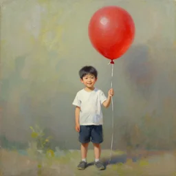 a full body shot of a boy standing and smiling holding a large red balloon. oil painting