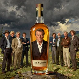illustration of a clear whiskey bottle with jack nicholson inside the bottle, by norman rockwell, roberto ferri, daniel gerhartz, edd cartier, jack kirby, howard brown, tom lovell, jacob collins, dean cornwell
