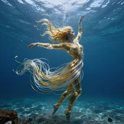 a woman dancing in an underwater landscape has a body made of thousands of thin computer cables of translucent gold and silver that are twisting, swirling, and pulling apart in the swift current, caustics lighting blue water from above, highly detailed, fantasy, unreal engine