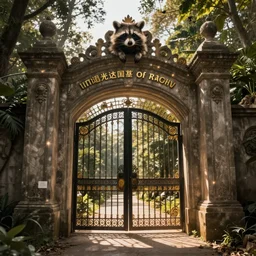 The gate to the eternal kingdom of raccoons, fantasy, digital art, HD, detailed.