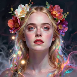 dakota fanning, portrait, colorful and vibrant, symmentrical, majestic, open wide eyes, tear drops, flowers on hair, glowing light orbs, intricate concept art, elegant, digital painting, smooth, sharp focus, ethereal opalescent mist, outrun, vaporware, cyberpunk darksynth, ethereal, ominous, misty, by ruan jia and miho hirano, 8 k, rendered in octane