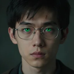 boy, thin face, black hair, bright green eyes, glasses, very thin scar on his forehead. movie still, 8 k, dark dreamy, hyperrealistic face, detailed photography