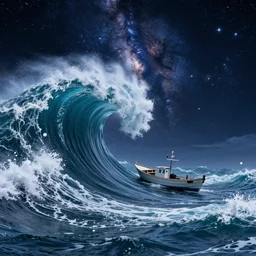 tsunami ocean small boat background cosmic night sky in the style of Ansel Adams