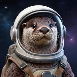 a realistic portrait of an otter wearing a space helmet and visor set against a space and nebula background, trending on artstation, ultra detail, photorealistic, fine detail, cgi, zbrush, global illumination, studio lighting
