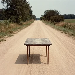 vintage color photography of a table in the middle of a dirt road, image by werner herzog