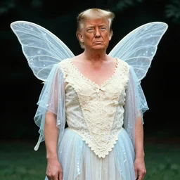 Donald Trump wearing a Fairy dress with cream lace bodice with sleeves of sheer pale blue sequins photographed in the style of Diane Arbus