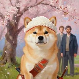 anthropomorphic shiba inu wearing a rice hat as a samurai, under a sakura tree by greg rutkowski, chris tulloch mccabe and asher duran, ultra realistic, oil painting