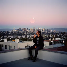 film photograph, leica s, kodachrome, rooftop, los angeles, echo park, lake, landscape, blood moon, dusk, man smoking cigarette