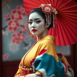 wide angle full body portrait shot of a beautiful geisha wearing flowing colourful clothes, alphonse mucha, rhads, ross tran, artstation, artgerm, octane render, 1 6 k