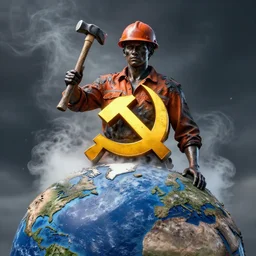 strong oiled worker with hammer and sickle on the top of the world, steam, high quality, realistic, 8 k