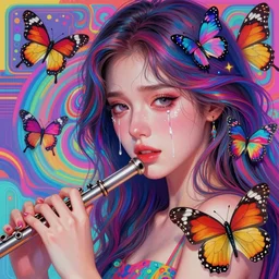 beautiful, young woman, detailed gorgeous face, sad eyes, crying, vaporwave aesthetic, synthwave, colorful, psychedelic, holding a flute, butterflies, birds, digital painting, artstation, concept art, smooth, extremely sharp detail, finely tuned detail, ultra high definition, 8 k, unreal engine 5, ultra sharp focus, illustration, art by artgerm and greg rutkowski and alphonse mucha