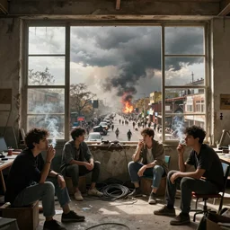 4 life models smoking cigarettes in a scruffy artist loft studio, high windows flood the room with natural light, outside the streets are chaotic with thousands of people , volumetric light shines through distant storm clouds , unreal engine, filmic , spiralling dust and fire emerging from the huge valley of dry trees , piles of wires an cable litter the landscape , volumetric lighting shines through the smoke filled sky