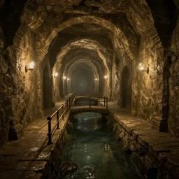 an ancient dungeon interior tunnel with stone walls, gentle ambient lighting, bridges and railings, stagnant water, trending on artstation, fantasy