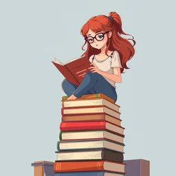 a woman with red hair and glasses sits on top of a tall pile of books, reading. clean cel shaded vector art. behance hd by lois van baarle, artgerm, helen huang, by makoto shinkai and ilya kuvshinov, rossdraws, illustration, art by ilya kuvshinov