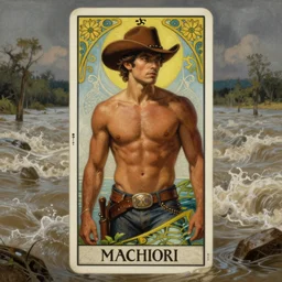 a dramatic, epic, ethereal tarot painting of a handsome!! brown shirtless cowboy ((wearing a cowboy hat)) | background is a torrential flooding river | tarot card, art deco, art nouveau | by Mark Maggiori | trending on artstation